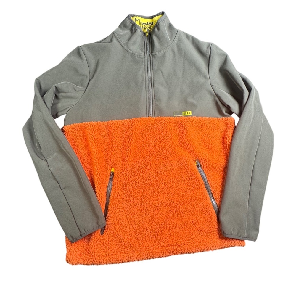Neff Mens Quarter Zip Pullover Fleece Jacket Gray Orange Sherpa Medium‎